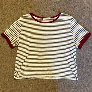 Super soft striped crop top with maroon neck and sleeve line